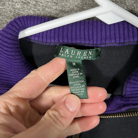 Lauren Ralph Lauren Sweater Womens Medium Black Purple Stripe Full Zip Crest - Picture 3 of 7
